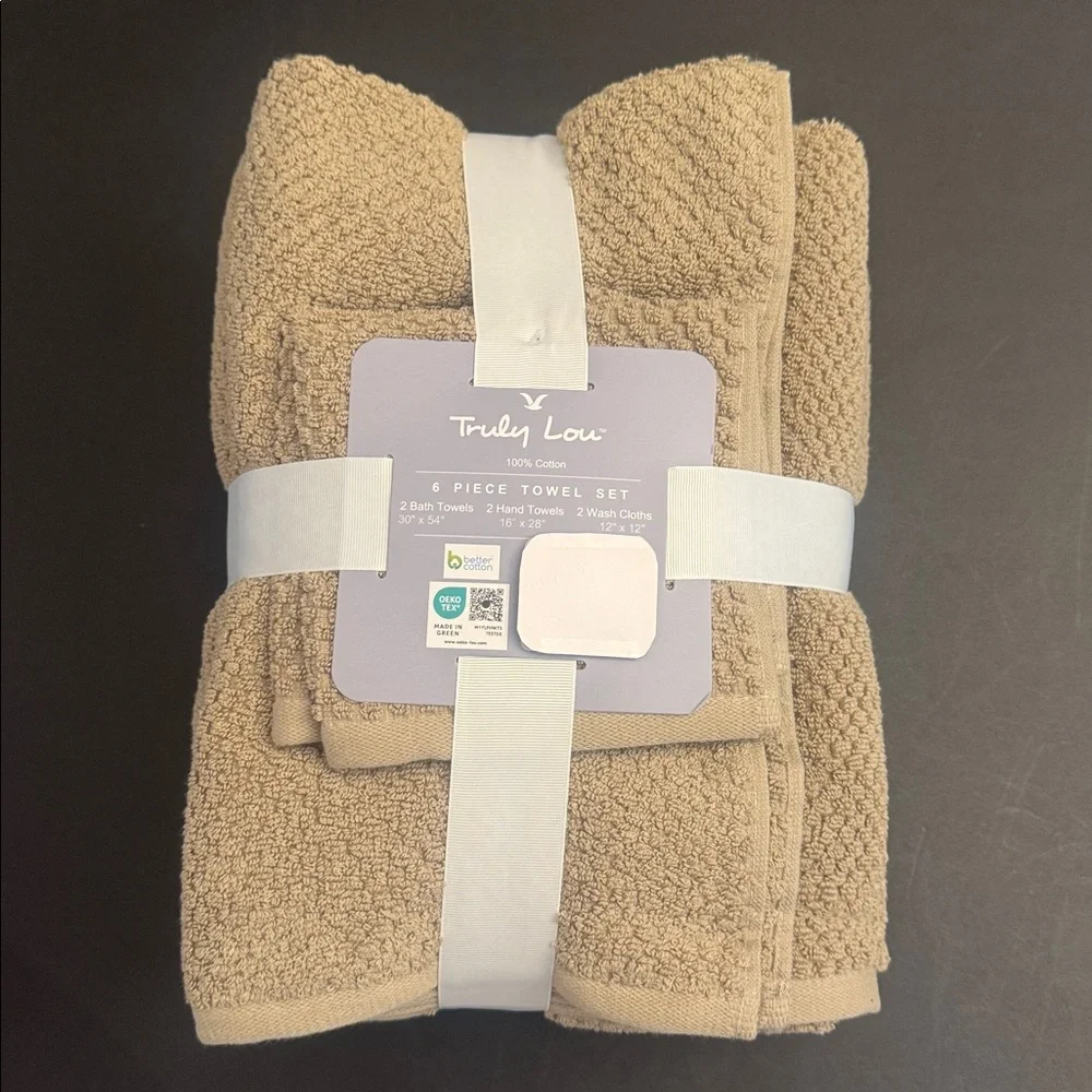 6pc TRULY LOU 100% Cotton Bath Towel Set - Casasesm22 - Tan Bundle